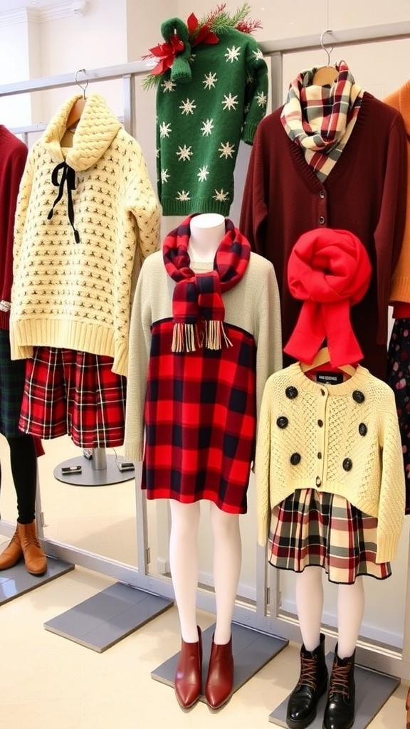 A variety of festive Christmas outfits for school, including sweaters, skirts, and accessories, showcased in a decorated setting.